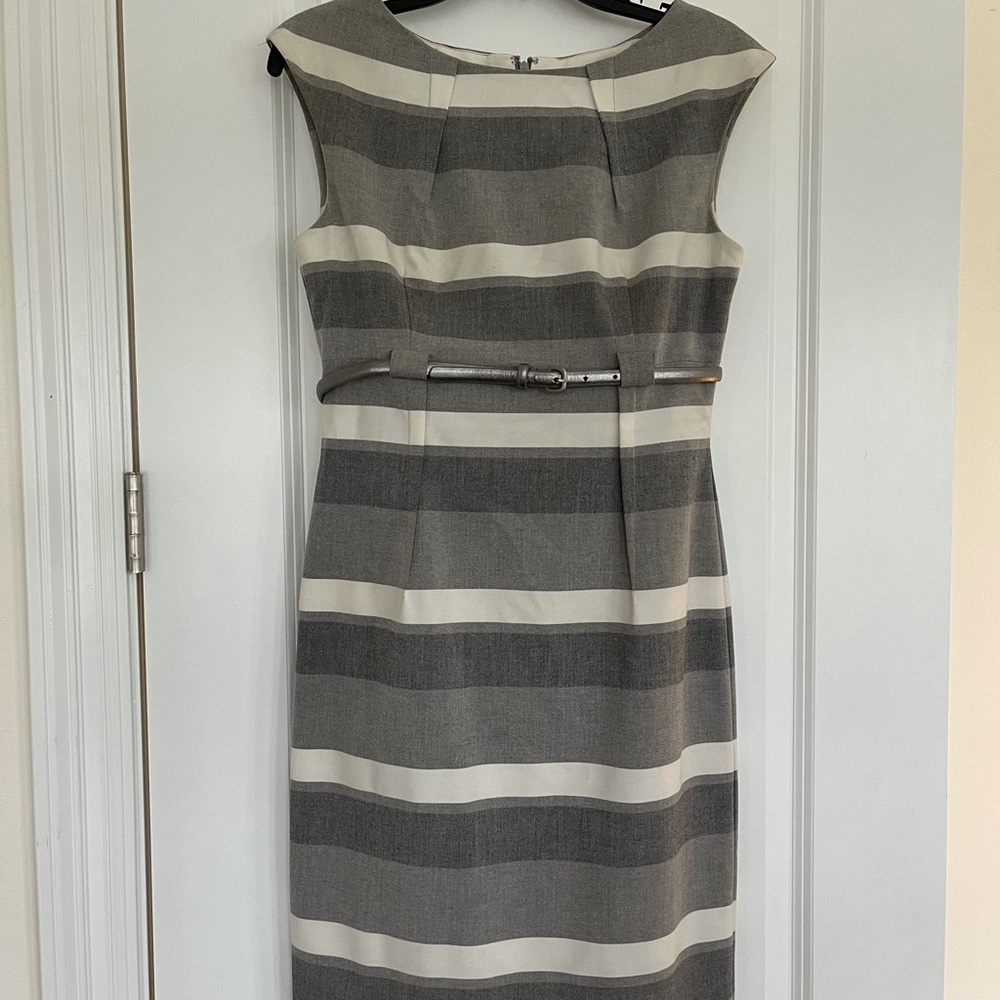 Ellen Tracy gray and white dress with belt.